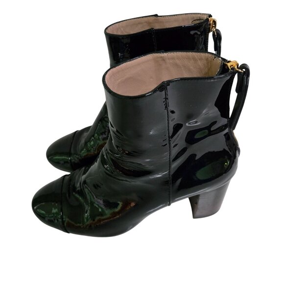 Stuart Weitzman Black Patent Leather Cap Toe Back Zip Heeled Boots Size 8M - Picture 3 of 9